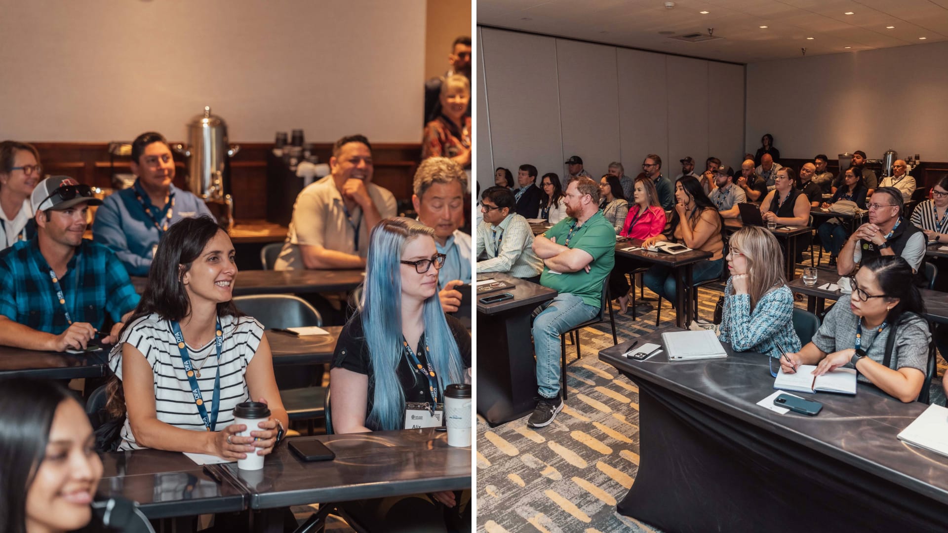 Grid of two images showing breakout sessions at Safe Food California 2025. Both photos depict rooms filled with engaged attendees listening to expert-led presentations, highlighting the conference’s focus on practical learning, industry collaboration, and real-world impact.
