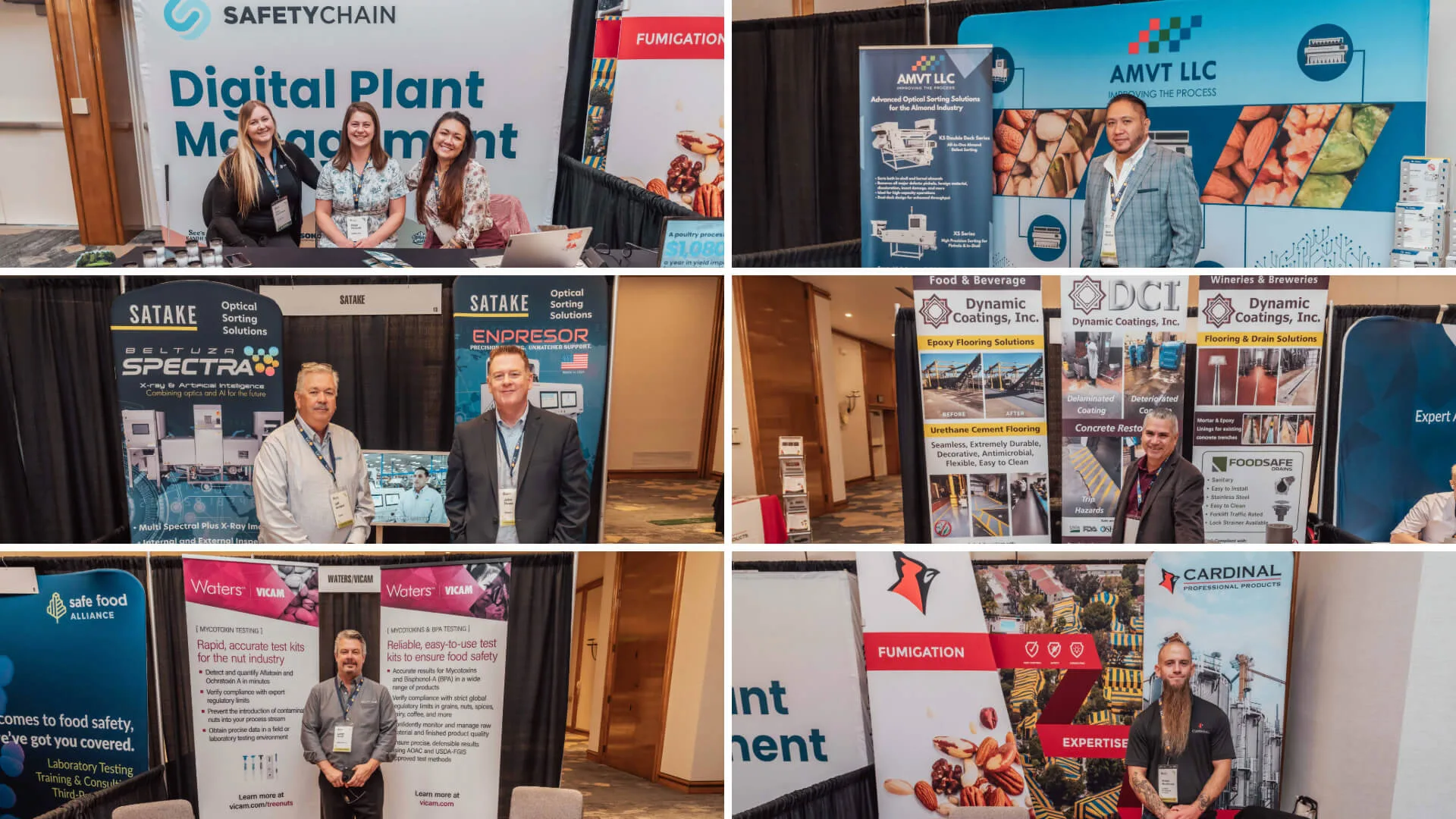 Grid of six images showing different exhibitor booths at Safe Food California 2025. Each photo features a representative from a different company standing in front of their booth, showcasing products, services, or food safety solutions—highlighting the conference’s curated, high-impact exhibit hall experience.